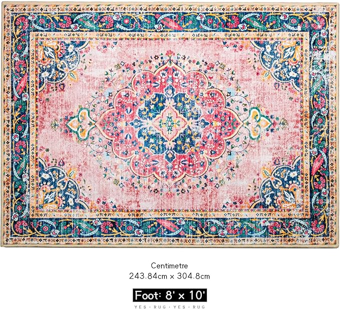 8x10 Area Rugs for Living Room Pink Boho Rug Vintage Rug Non-Slip Washable Low Pile Foldable Large Rugs for Bedroom Dining Room Indoor Floor Carpet