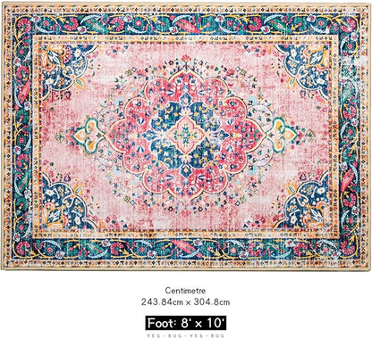 8x10 Area Rugs for Living Room Pink Boho Rug Vintage Rug Non-Slip Washable Low Pile Foldable Large Rugs for Bedroom Dining Room Indoor Floor Carpet