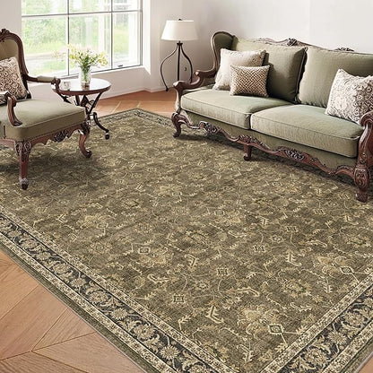 Washable Area Rug 6x9 Brown Rugs for Living Room, Vintage Boho Large Rug for Bedroom Dining Room Office, Distressed Floral Print Carpet for Under Table, Soft Non Slip Low Pile Throw Carpet Indoor Mat