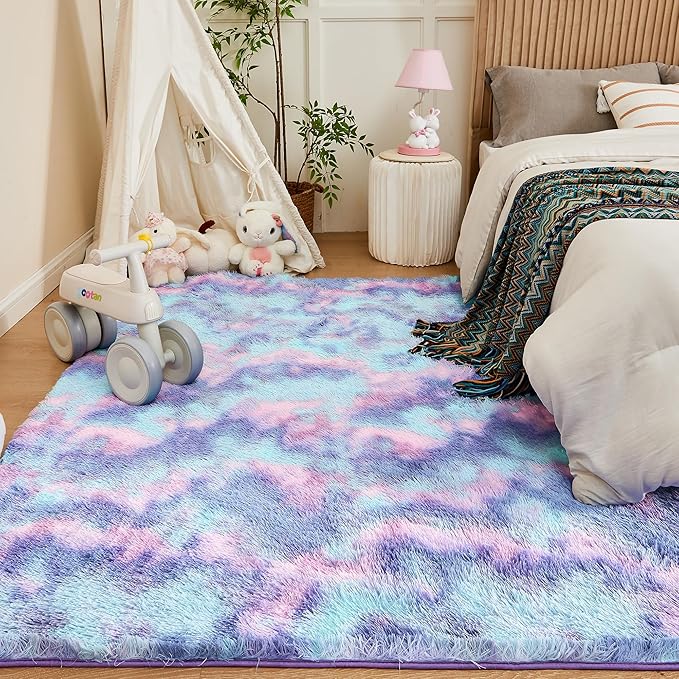 Andency Soft Area Rugs for Living Room Bedroom, 5x8 Fluffy Shaggy Bedside Rug, Non-Slip Large Shag Fuzzy Plush Carpets for Bedroom Kids Dorm Nursery Home Decor Aesthetic, Tie-Dyed Unicorn Rainbow