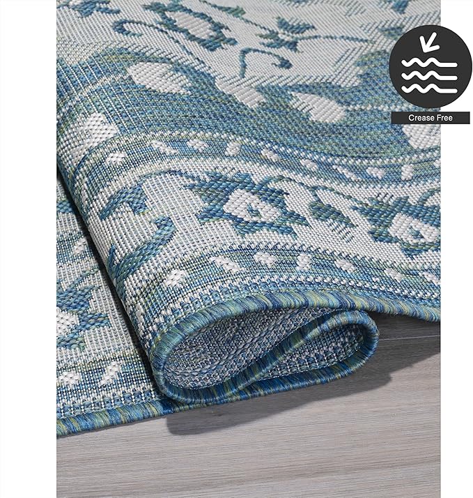 FH Home Flat Woven Outdoor Rug - Waterproof, Easy to Clean, Stain Resistant - Premium Polypropylene Yarn - Vintage - Large Patio, Deck, Sunroom - Shiraz - Ocean - 7ft 10 in x 10ft 9in