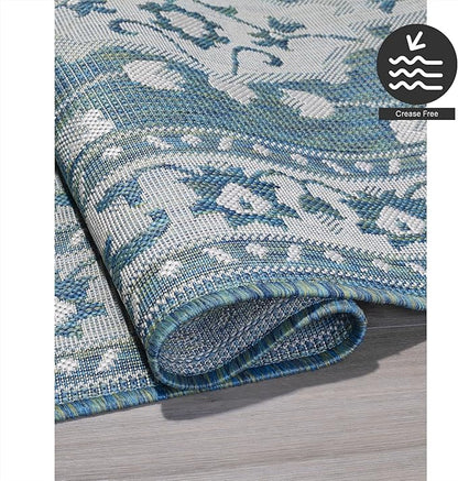 FH Home Flat Woven Outdoor Rug - Waterproof, Easy to Clean, Stain Resistant - Premium Polypropylene Yarn - Vintage - Large Patio, Deck, Sunroom - Shiraz - Ocean - 7ft 10 in x 10ft 9in
