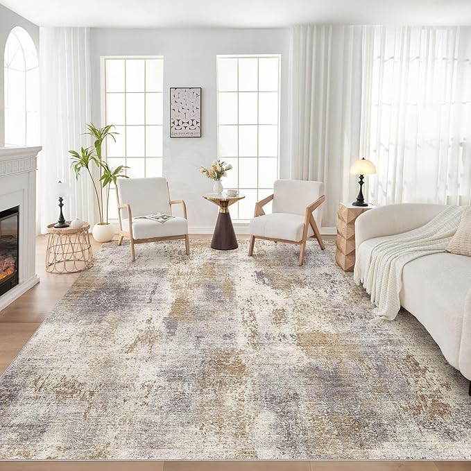 Area Rug Living Room Rugs - 10x12 Washable Large Soft Indoor Neutral Modern Abstract Low Pile Rug Carpet for Bedroom Dining Room Farmhouse Home Office - Brown Grey