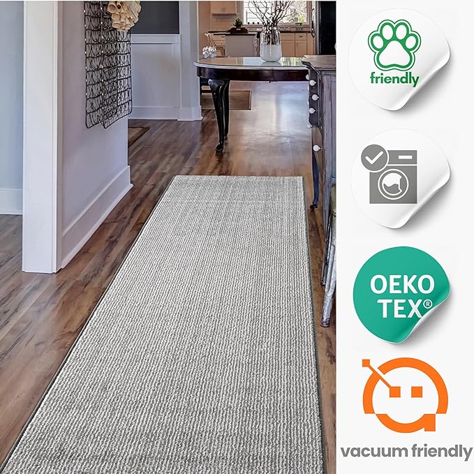 10ft Custom Cut Runner Rug for Narrow Hallways Kitchens - Striped Grey | Non-Slip & Washable | No-Fray Edge Finished