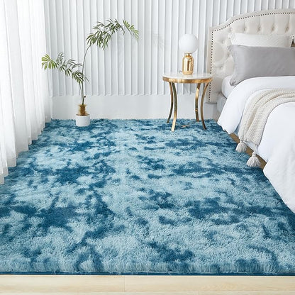Andency Area Rugs 9x12 for Living Room Home Decor, Large Shaggy Bedroom Carpet, Non-Slip Big Shag Indoor Thick Soft Fluffy Furry Fur Area Rugs for Kids Dorm Nursery Aesthetic, Tie-Dyed Navy Blue