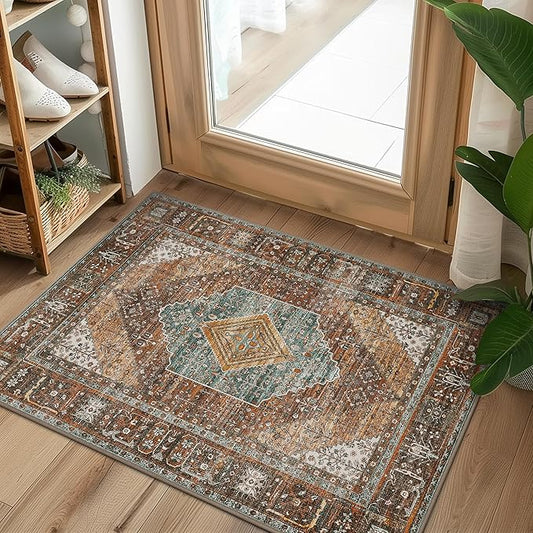 Bavni 2x3 Entryway Rug Bathroom Rugs for Front Door Bedroom Bathroom Kitchen, Washable Print Carpet, Lightweight Rug with Non Slip Backing, Vintage Brown/Blue