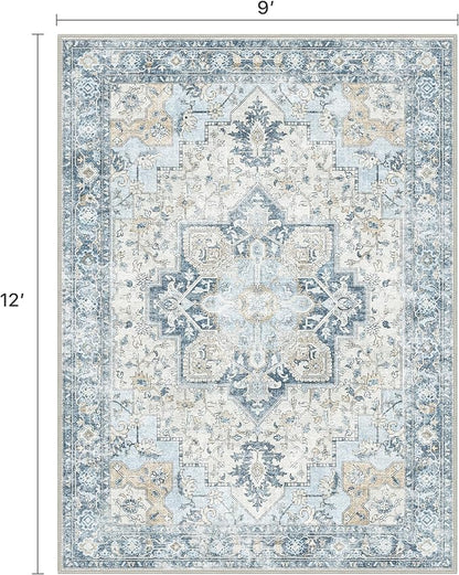 9x12 Area Rugs for Living Room, Machine Washable Non Slip Vintage Rugs, Low Pile Lightweight Print Rug for Bedroom, Dining Room, Home Office, Blue