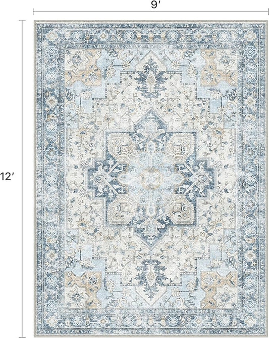 9x12 Area Rugs for Living Room, Machine Washable Non Slip Vintage Rugs, Low Pile Lightweight Print Rug for Bedroom, Dining Room, Home Office, Blue