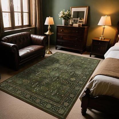 5x7 Washable Area Rug for Living Room Dining Room, Distressed Non Slip Vintage Floral Rugs for Bedroom, Traditional Indoor Floor Carpet for Dining Kitchen Farmhouse Dark Green