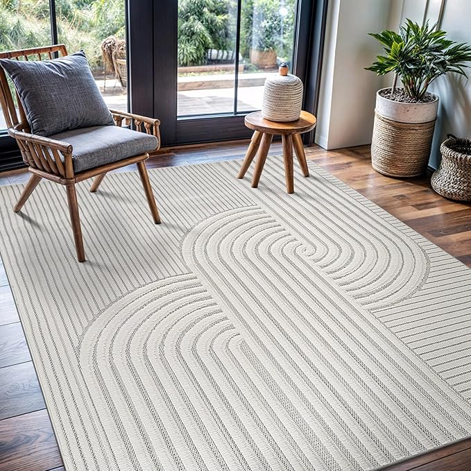 CAMILSON Modern Rug 9x12 Luxury Swirl Curved Large Micro Loop Area Rugs Soft High-Low Pile Stain Resistant Easy to Clean Non-Shedding Durable Living Room Kitchen Indoor Carpet (White)