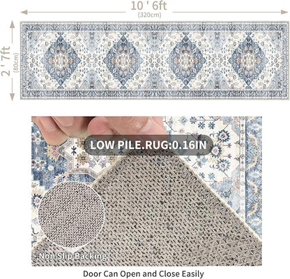 Enkor Runner Rugs for Hallway, 2.6x10.5 Washable Soft Non Slip Floor Rugs for Kitchen, Modern Mat for Living Room Bedroom Entryway Blue & White