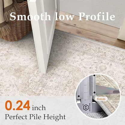 HUGEAR 2x6 Runner Rug Hallway Vintage Beige Machine Washable Neutral Floral Low Pile Carpet Vacuumable Thin Long Throw Rug Bedroom Office Bathroom Kitchen Laundry Non Slip Soft Lightweight