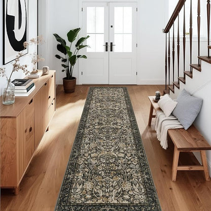 Washable Runner Rug 2x12: Vintage Boho Floral Carpet Runners for Hallway Entryway Non-Slip - Soft Botanical Low Pile Thin Mat for Kitchen Bathroom Bedroom Laundry Floor Decor - Dark Brown