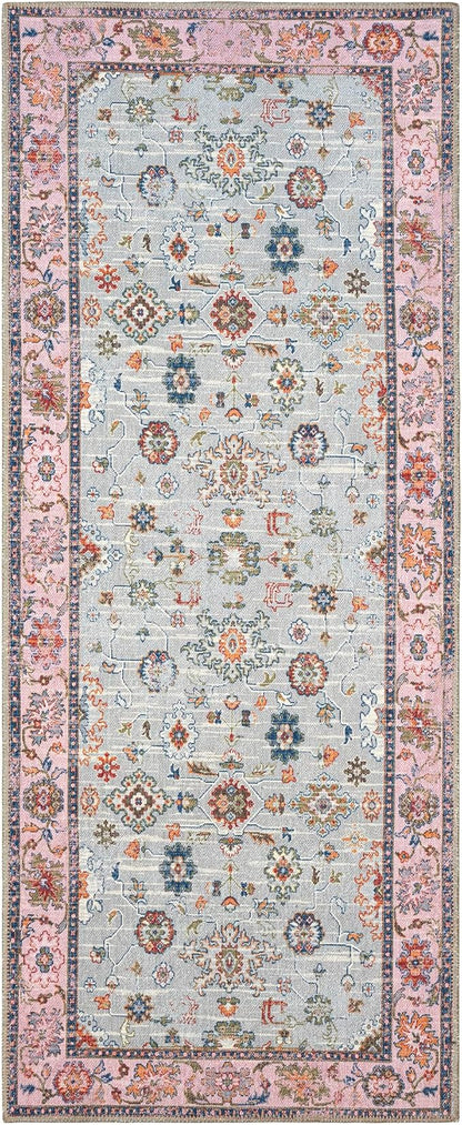 GLN Rugs Traditional Collection - Machine Washable Area Rug, Traditional Washable, Non Slip, Low Pile Chenille Rug, Living Room, Bedroom, Kitchen Rug (2'6" x 10' Pink/Blue/Multicolor)