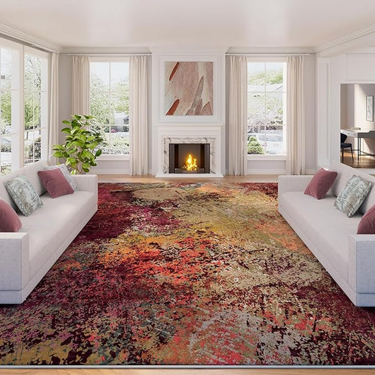 Arbosofe Modern Abstract Rug for Living Room, 6'x9' Washable Area Rug with Non-Slip Backing & Short Pile, Large Carpet with Abstract Pattern for Living Room Bedroom and Dining Floor Carpet Red Orange