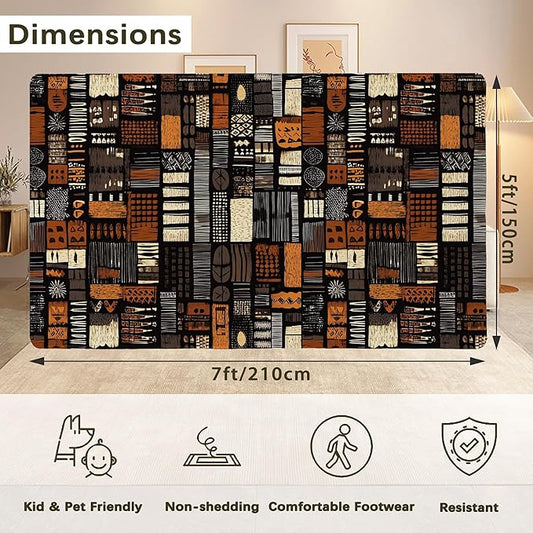 African Style Brown Orange Area Rug for Living Room, Non-Slip Backing Low Pile Modern Abstract Rug for Indoor Use, 5x7 Washable Carpet