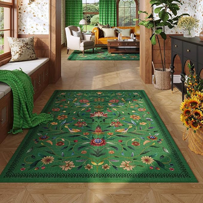 Vintage Medallion Floral 4x6 Rug, Machine Washable Non-Slip Area Rug, Low Pile Soft Carpet for Entry, Living Room, Office, Kids, Girl/Boys Room | Green