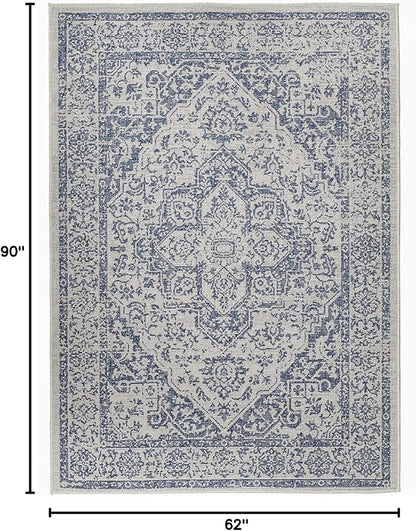 FH Home Flat Woven Outdoor Rug - Waterproof, Easy to Clean, Stain Resistant - Premium Polypropylene Yarn - Vintage - Patio, Porch, Deck, Balcony - Ankara - Distressed Blue - 5ft 2in x 7ft 6in