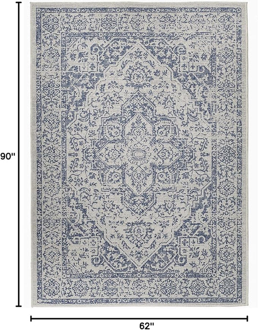 FH Home Flat Woven Outdoor Rug - Waterproof, Easy to Clean, Stain Resistant - Premium Polypropylene Yarn - Vintage - Patio, Porch, Deck, Balcony - Ankara - Distressed Blue - 5ft 2in x 7ft 6in