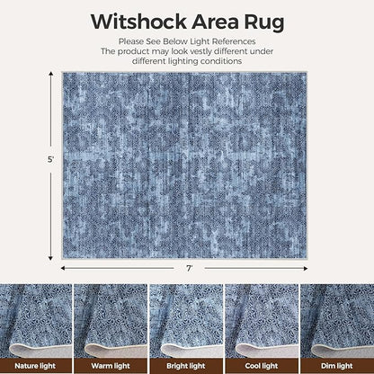 WITSHOCK 5x7 Area Rugs for Living Room: Machine Washable Non Slip Modern Abstract Carpet - Low Pile Print Rug for Bedroom Dining Room - Stain Resistant for Household - Pet Owners (Blue White)
