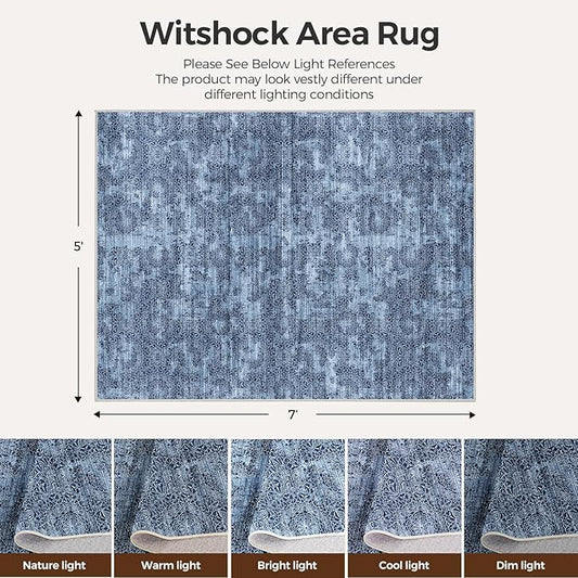 WITSHOCK 5x7 Area Rugs for Living Room: Machine Washable Non Slip Modern Abstract Carpet - Low Pile Print Rug for Bedroom Dining Room - Stain Resistant for Household - Pet Owners (Blue White)