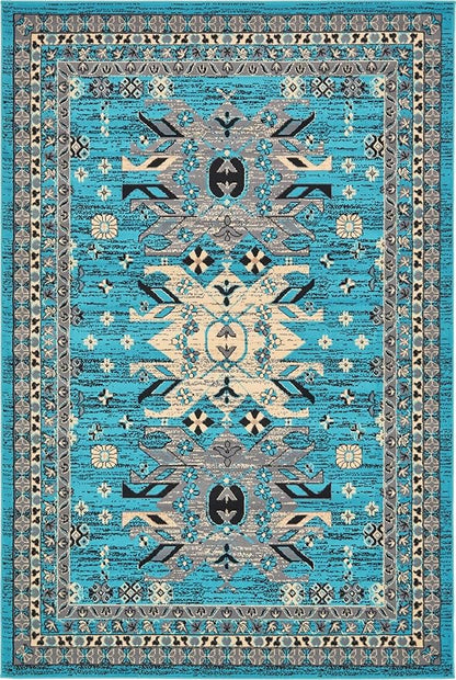 Unique Loom Taftan Collection Border Geometric Tribal Inspired Design Area Rug (6' 0 x 9' 0 Rectangular, Turquoise/ Gray)