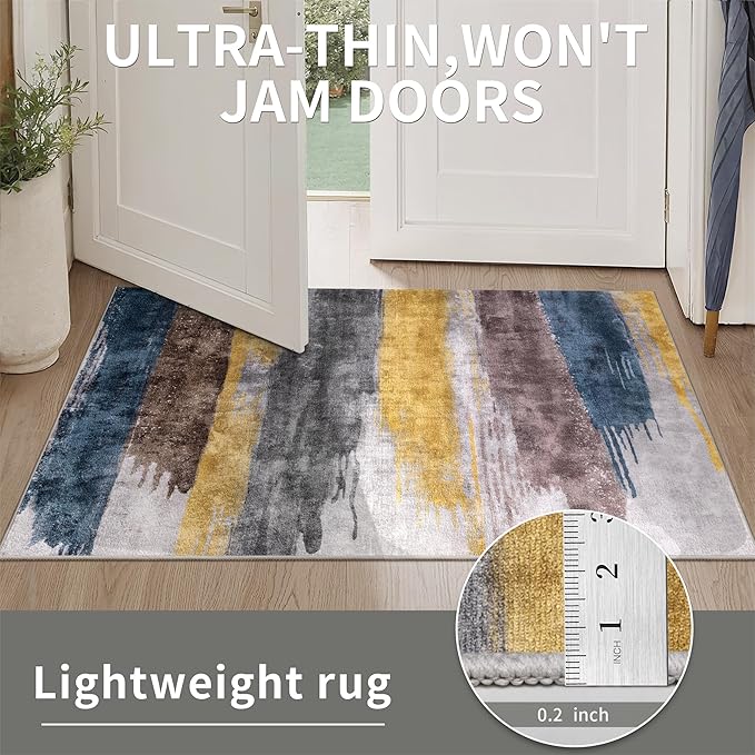 Ciicool Modern Abstract Rug for Living Room, 5'x7' Machine Washable Area Rug Non-Slip Rug, Low-Pile Contemporary Indoor Dining Floor Carpet for Bedroom Office Under Table Home Decor Yellow Blue Gray