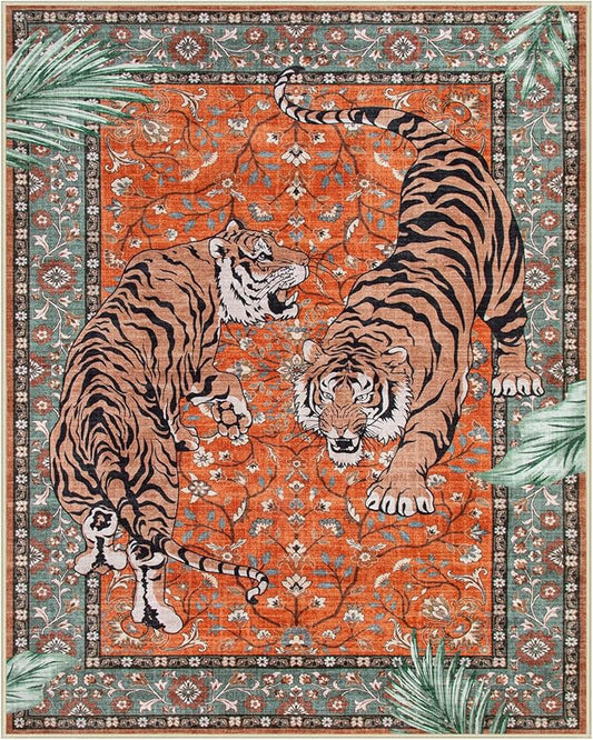 Moynesa Tiger Washable Area Rug, Boho 6x9 Rug for Living Room, Vintage Large Soft Bedroom Rug, Non Slip Ultra Thin Stain Resistant Floor Carpet for Dining Room Home Office, Rust