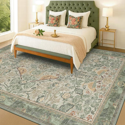 Floral Large Rugs for Living Room 10x14 - Sage Green Area Rug for Dining Room Under Kitchen Table, Large Bedroom, Playroom, Washable Folable Non Skid Low Pile Indoor Carpet
