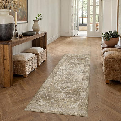2x6 Washable Vintage Runner Rug for Living Room Bedroom Non Slip Distressed Traditional Soft Runner Rug Beige Brown Low Pile Lightweight Floral Runner Kitchen Hallway Entrance