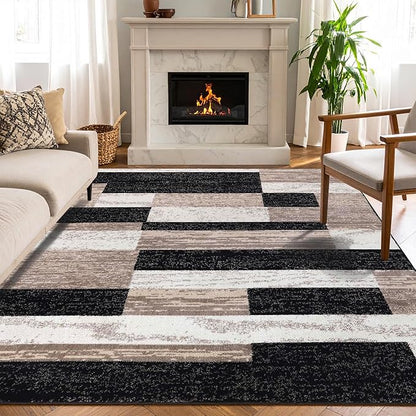 Superior Indoor Area Rug, Jute Backed, Modern Geometric Patchwork Floor Decor for Bedroom, Office, Living Room, Entryway, Kitchen, Hardwood Floors, Rockwood Collection, 6' x 9', Ivory-Beige