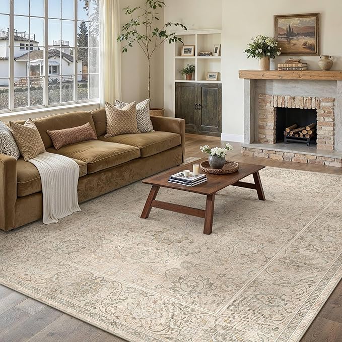 HUGEAR 9x12 Machine Washable Area Rugs Vintage Beige - Neutral Living Room Bedroom Rug Non Slip Stain Resistant Low Pile Aesthetic Throw Carpet Kids & Pet Friendly
