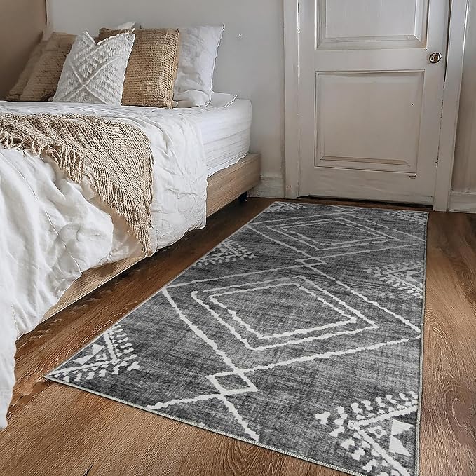 ReaLife Rugs Machine Washable Area Rug - Living Room Bedroom Bathroom Kitchen Entryway Office - Padded Low Pile Stain Resistant Premium - Moroccan Diamond Tribal - Jax - Gray 7'6" x 9'6"