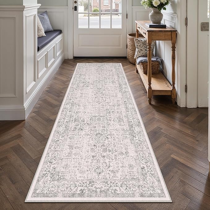 Gray Runner Rug 2'6"x10' Washable Carpet for Hallway Kitchen Vintage Distressed Non Slip Indoor Grey Retro Floral Bedroom Accent Throw Long Rug Bathroom Office Laundry Dining Living Room