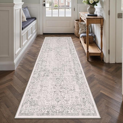 Gray Runner Rug 2'6"x12' Washable Carpet for Hallway Kitchen Vintage Distressed Non Slip Indoor Grey Retro Floral Bedroom Accent Throw Long Rug Bathroom Office Laundry Dining Living Room