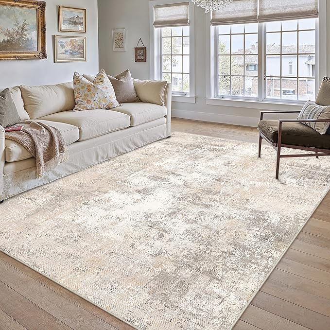 12x15 Area Rug Beige Grey Abstract Living Room Bedroom Washable Carpet Neutral Modern Non Slip Soft Low Pile Indoor Extra Large Throw Rug for Dining Room