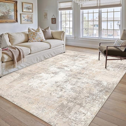 12x15 Area Rug Beige Grey Abstract Living Room Bedroom Washable Carpet Neutral Modern Non Slip Soft Low Pile Indoor Extra Large Throw Rug for Dining Room