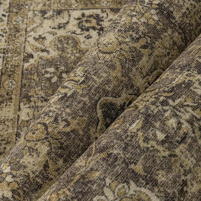 6x9 Brown Washable Vintage Area Rug for Living Room Bedroom Soft Tranditional Non Slip Large Throw Rug Lightweight Floral Low Pile Distressed Carpet Office Playroom Dining Laundry Room