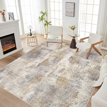 Area Rug Living Room Rugs - 8x10 Washable Large Soft Indoor Neutral Modern Abstract Low Pile Rug Carpet for Bedroom Dining Room Farmhouse Home Office - Brown Grey