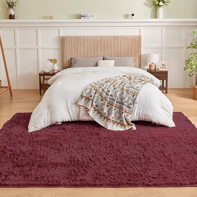 Andency Burgundy Soft Area Rugs for Living Room Bedroom, 5x8 Fluffy Shaggy Bedside Rug, Non-Slip Large Shag Fuzzy Plush Carpets for Bedroom Kids Dorm Nursery Home Decor Aesthetic