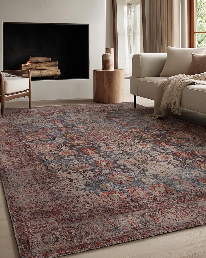 Kuden 9x12 Large Area Rug, Machine Washable Area Rug with Non-Slip Backing, Vintage Style, Soft, Easy Clean, Low Pile Rug for Living Room, Bedroom, Dining Room