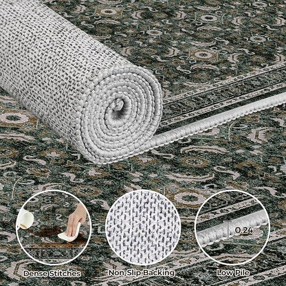 WITSHOCK Washable 2x4 Entryway Area Rug: Soft Non-Slip Backing Washable Rugs Vintage Flower Boho Accent Small Rugs for Bedroom, Kitchen, Bathroom, Nursery Entrance,Dark Green