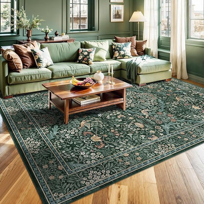 9x12 Floral Washable Area Rug for Living Room, Vintage Boho Large Rugs for Bedroom Dining Room, Botanical Birds Non Slip Low Pile Forest Throw Carpet for Farmhouse Office, Retro Green/Blue
