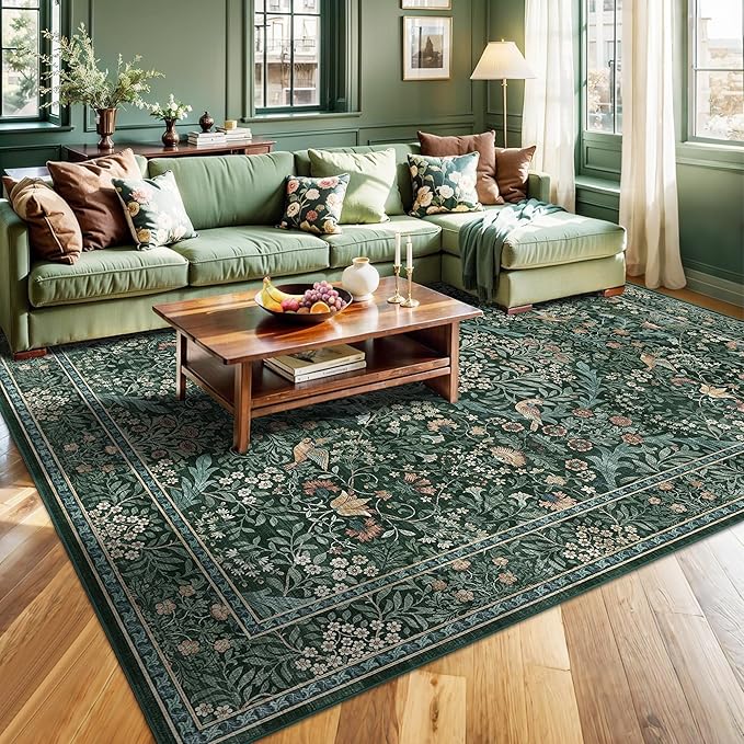 8x10 Floral Washable Area Rug for Living Room, Vintage Boho Large Rugs for Bedroom Dining Room, Botanical Birds Non Slip Low Pile Forest Throw Carpet for Farmhouse Office, Retro Green/Blue