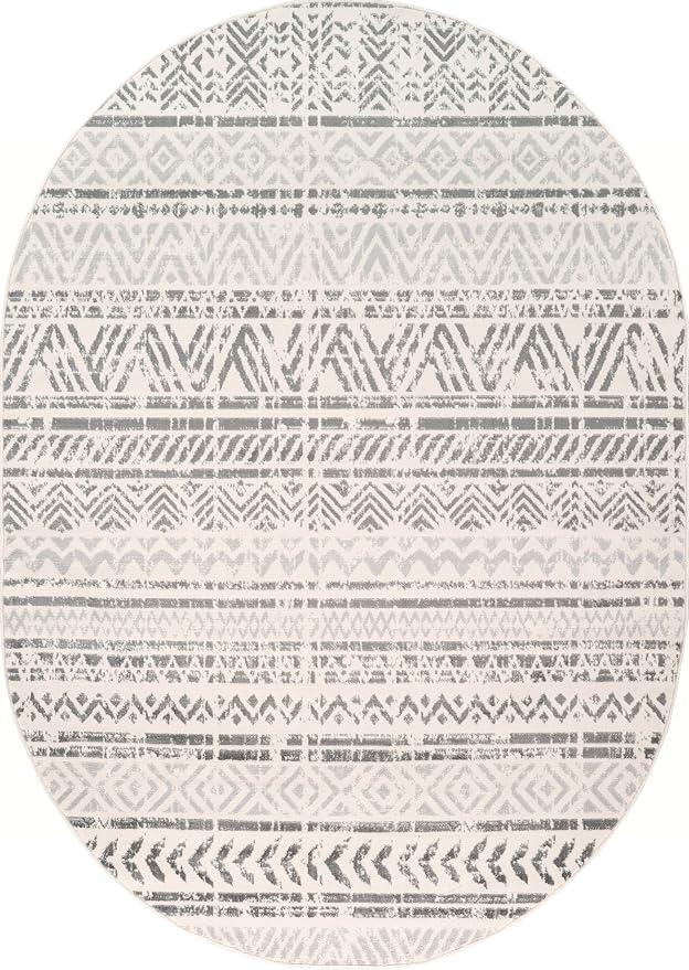 Rugshop Geometric Boho Oval Rug – Gray Tribal Pattern, Perfect for Dining Room, Living Room, 5' x 7' Oval