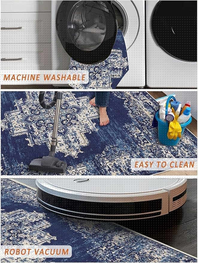 vivorug Runner Rug 2'x8' Machine Washable Non-Slip Runners for Hallways Kitchen Entryway Laundry Room Vintage-Inspired Carpet Hallway Runner Navy Blue