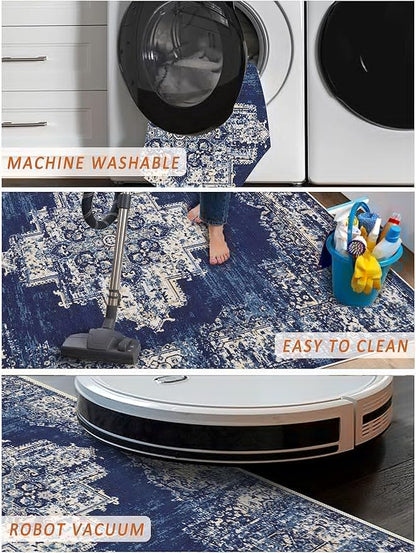 vivorug Runner Rug 2'x8' Machine Washable Non-Slip Runners for Hallways Kitchen Entryway Laundry Room Vintage-Inspired Carpet Hallway Runner Navy Blue