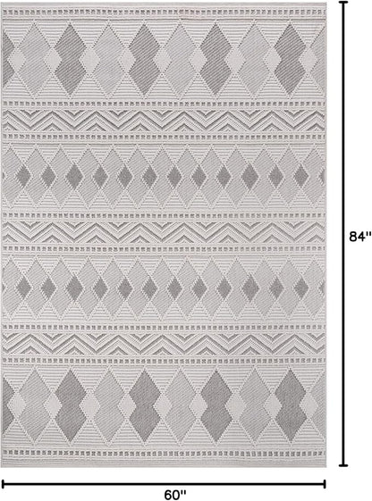 CAMILSON Micro Loop Rug 5x7 Modern Luxury Geometric Boho Diamond Area Rugs Soft High and Low Pile Stain Resistant Easy-Cleaning Non-Shedding for Living Room Office Indoor Carpet (5 x 7 / White - Gray)