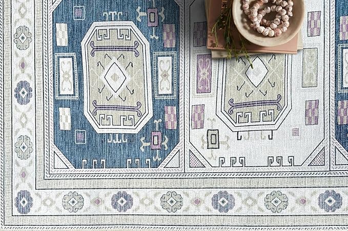 Fame Living Faded Oushak Rug, Turkish Vintage Floral Pastel Large Oversized Area Rugs for Living Room Dining Bedroom Kitchen Bathroom Nursery (848CrNv, 5' x 6'9")