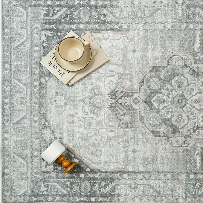 5x7 Grey Washable Vintage Area Rug for Living Room Bedroom Non Slip Distressed Traditional Soft Large Throw Rug Low Pile Lightweight Floral Carpet Office Classroom Dining Laundry Room